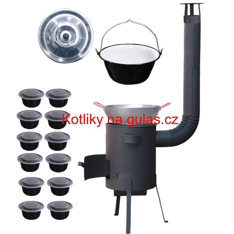 Smaltovaný kotlík 22 L + Pánev PAELLA (WOK) 45 cm + misky 12 ks + žáruvzdorná kotlina 42 PLUS 600 s roštem na popel 4 mm