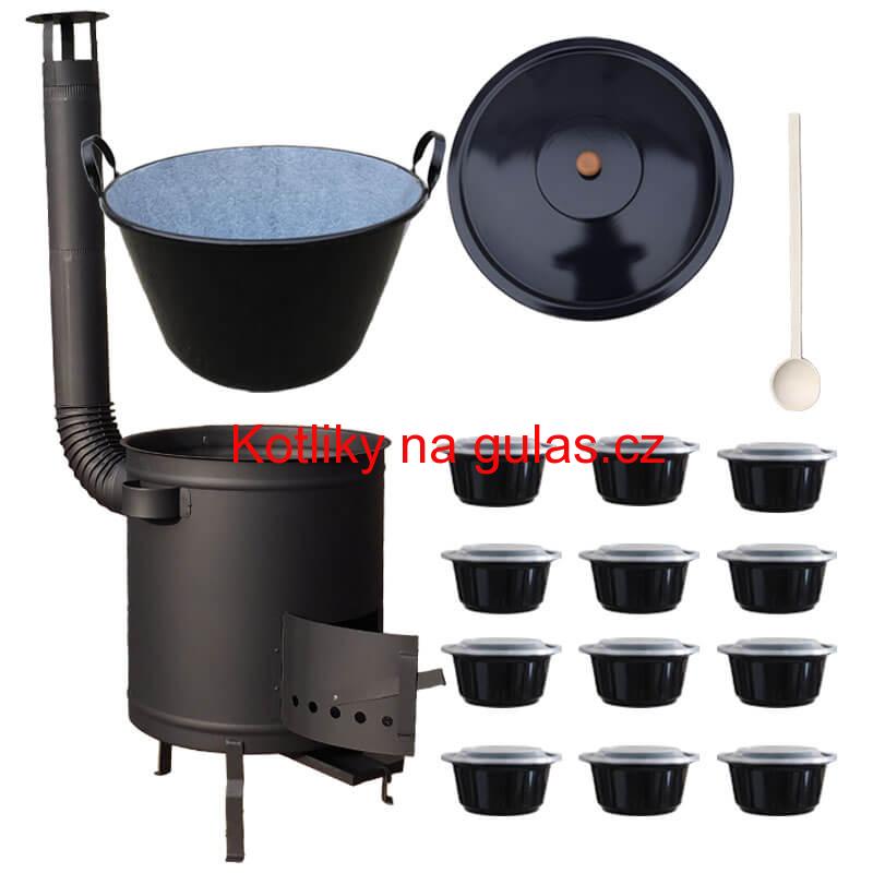 Smaltovaný kotel 70 L + silná kovová kotlina 53 cm (1,5 mm) STRONG PLUS 600 + misky 12 ks