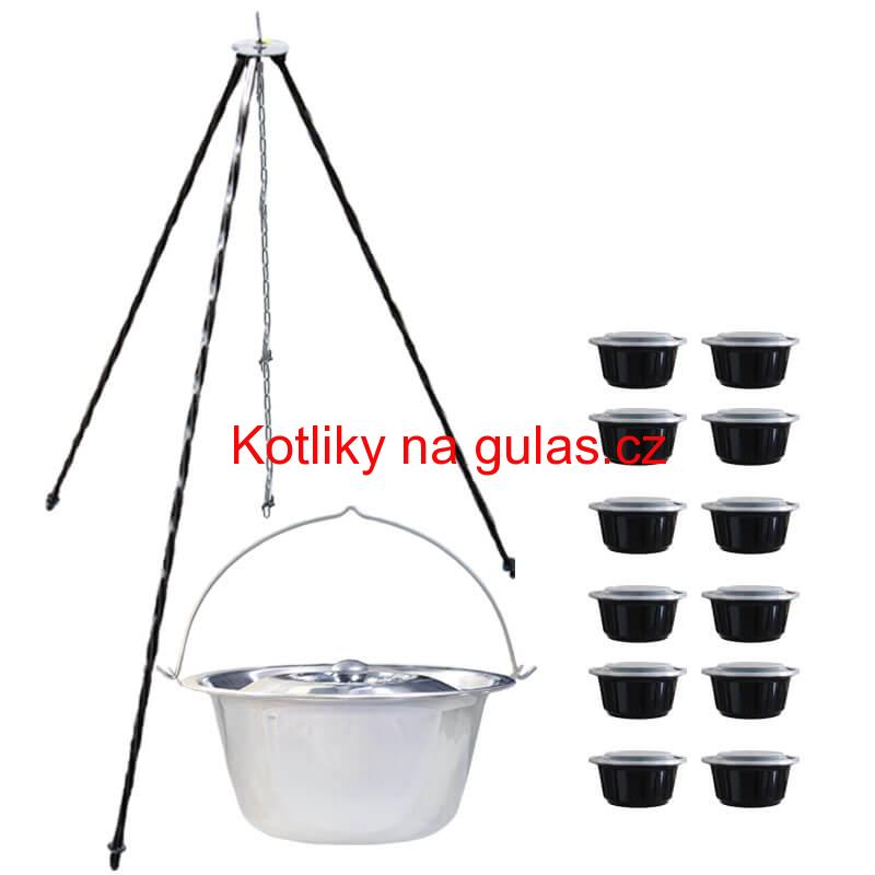 Nerezový kotlík 14 L (0,8 mm) INOX + poklice + trojnožka 1,20 m + misky 12 ks