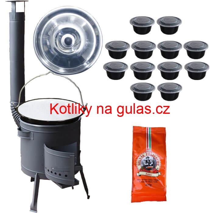 Smaltovaný kotlík 25 L (1,2 mm) + poklice + misky 12 ks + nízká žáruvzdorná kotlina (0,8 mm) 42 PLUS 600
