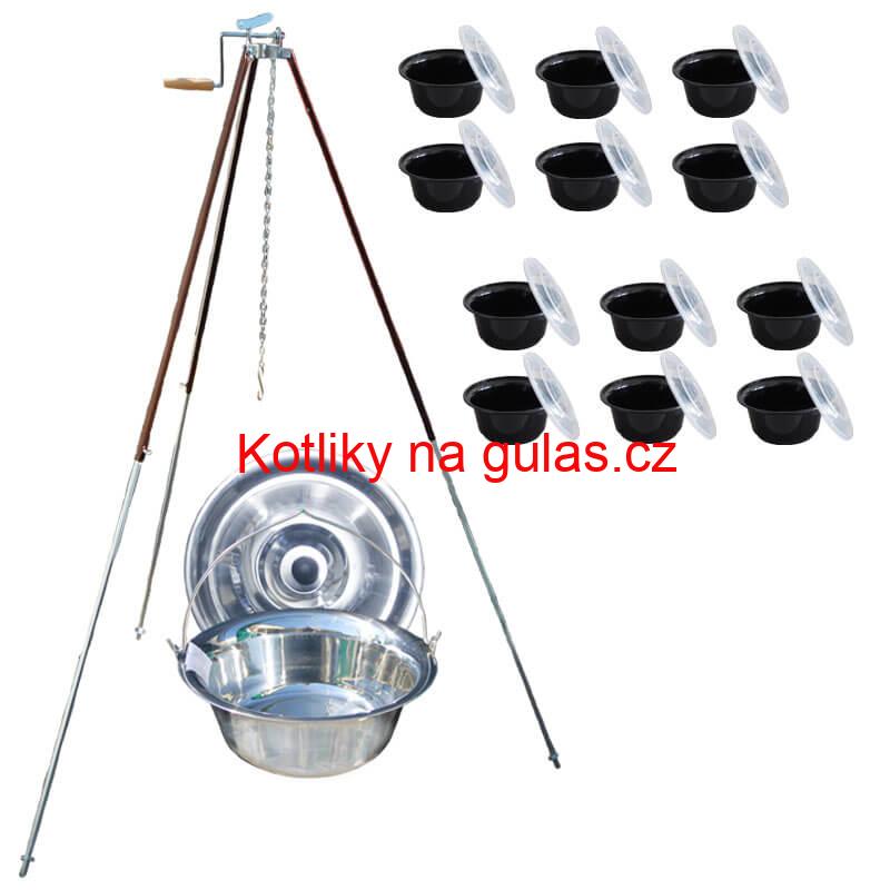 Nerezový kotlík 20 L (1,2 mm) + teleskopická trojnožka s pojistnou kladkou + misky 12 ks