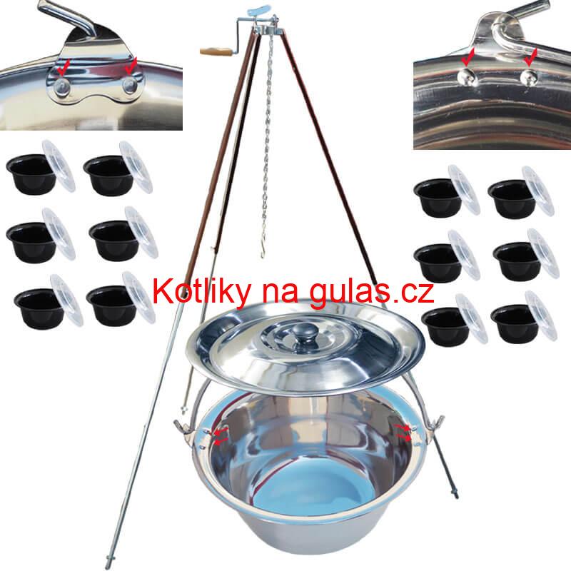 Nerezový kotlík 30 L (0,8 mm) s nýty + teleskopická trojnožka s pojistnou kladkou + misky 12 ks
