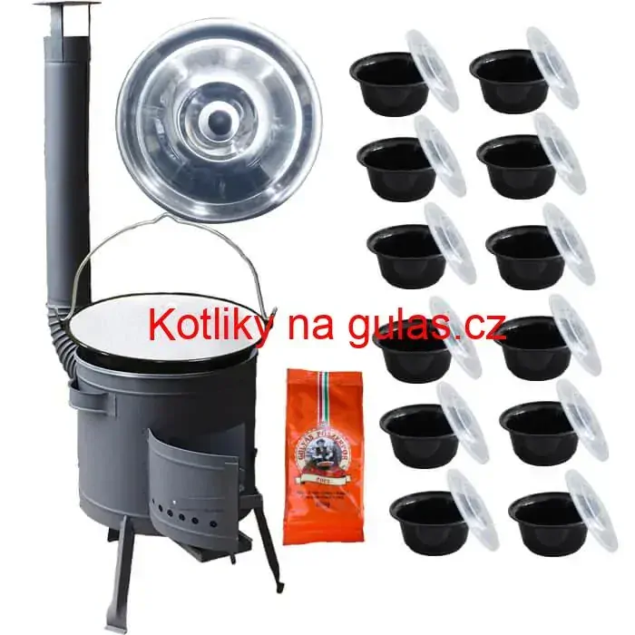 Smaltovaný kotlík 25 L (1,2 mm) + silnostěnná (1,5 mm) žáruvzdorná kotlina BALKY STRONG 42 PLUS 600 + misky 12 ks + paprikové koření na guláš 100 g