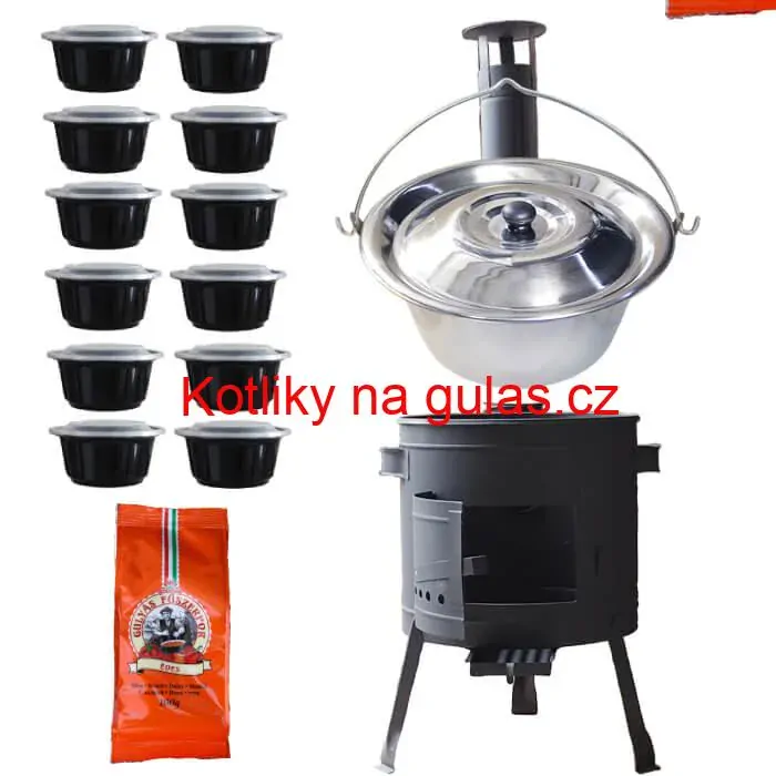 Nerezový kotlík 22 L (0,8 mm) INOX + silnostěnná (1,5 mm) žáruvzdorná kotlina BALKY STRONG 42 PLUS 600 + misky 12 ks + paprikové koření na guláš 100 g