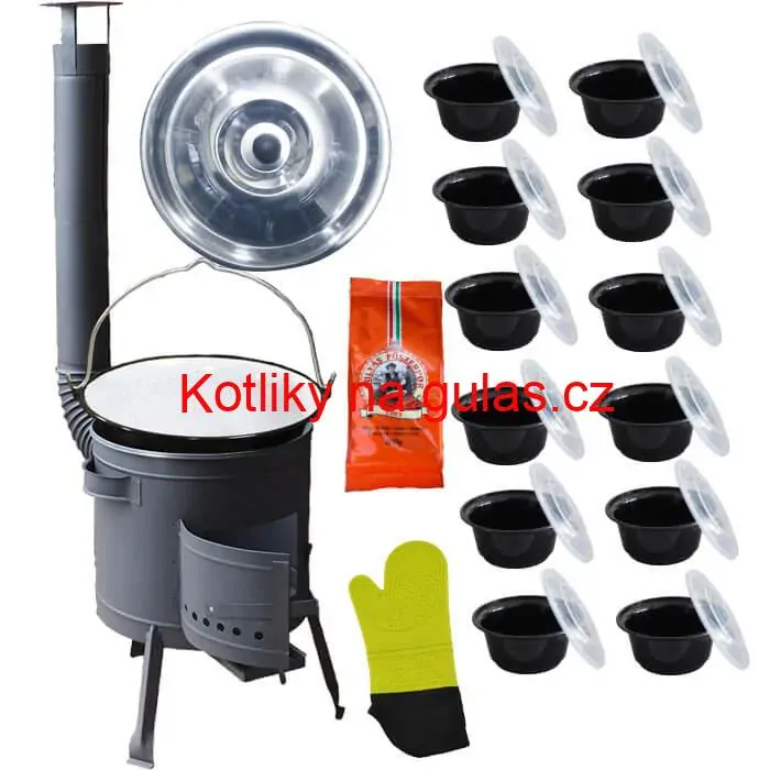 Smaltovaný kotlík 22 L (1,2 mm) + misky 12 ks + nízká žáruvzdorná kotlina (1,0 mm) 42 PLUS 600