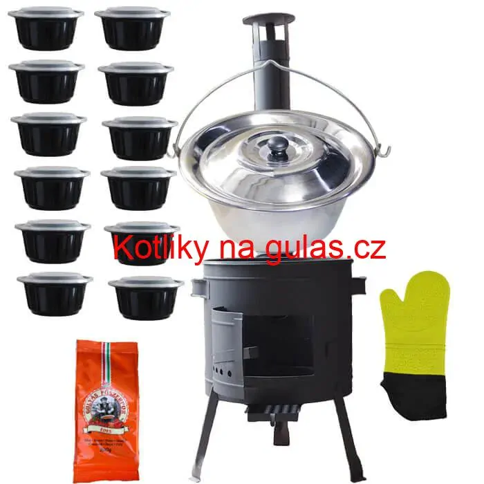 Nerezový kotlík 22 L (0,8 mm) + misky 12 ks + nízká žáruvzdorná kotlina (1,0 mm) 42 PLUS 600
