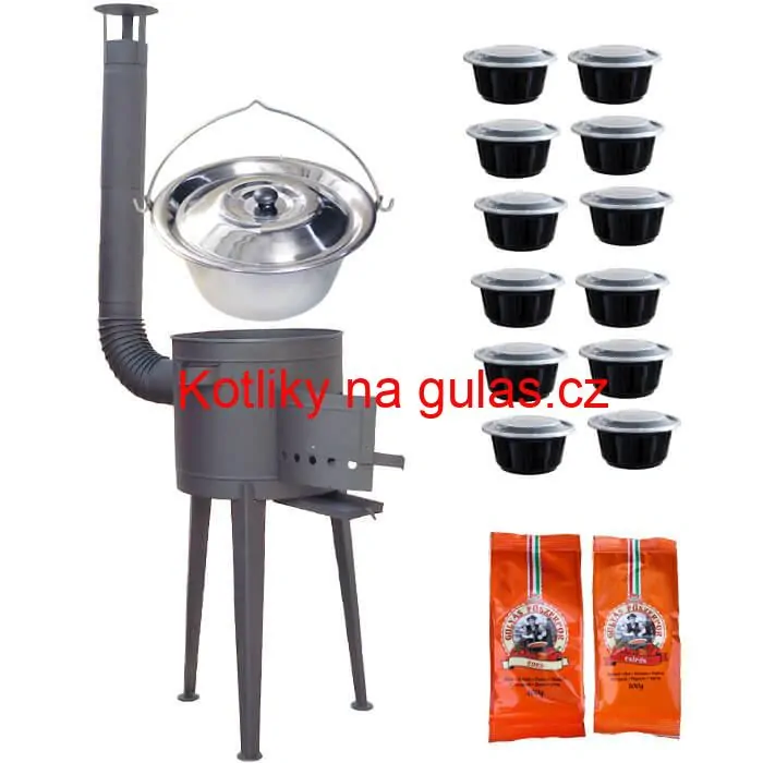 Nerezový kotlík 22 L (0,8 mm) INOX + vysoká žáruvzdorná kotlina 42 cm PLUS 600 + misky 12 ks + 2 x pepř na guláš 100 g