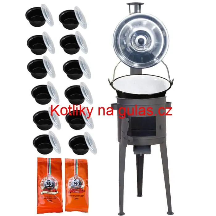 Smaltovaný kotlík 22 L (1,2 mm) + vysoká žáruvzdorná kotlina (1,5 mm) HODO 42 cm PLUS 600 + misky 12 ks + 2 x pepř na guláš 100 g