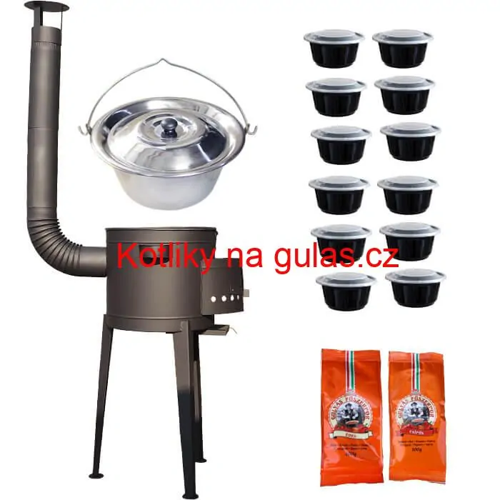 Nerezový kotlík 22 L (0,8 mm) INOX + vysoká žáruvzdorná kotlina (1,5 mm) HODO 42 cm PLUS 600 + misky 12 ks + 2 x pepř na guláš 100 g