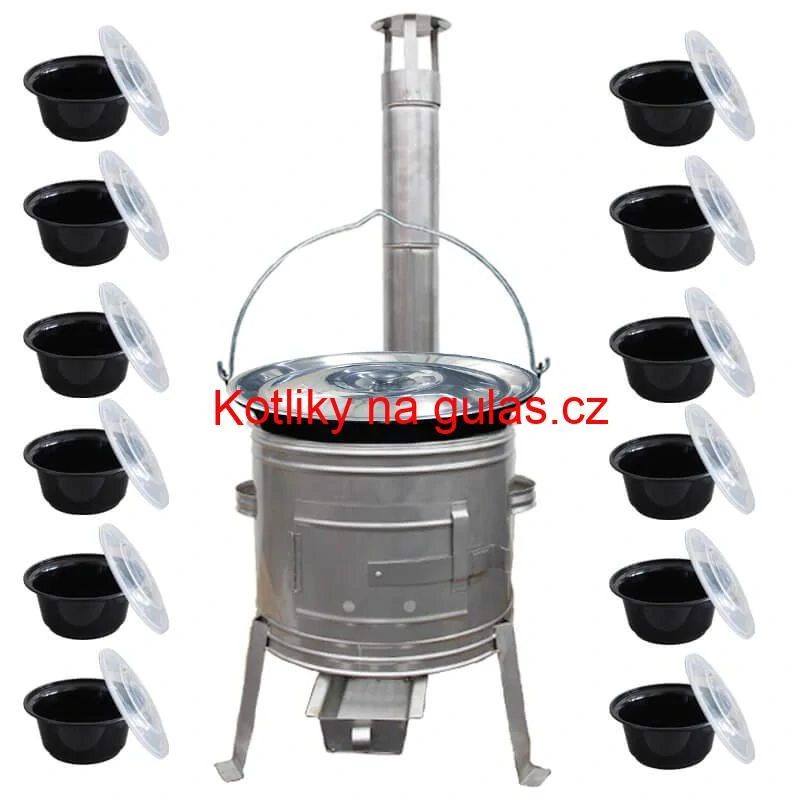 Smaltovaný kotlík 22 L + Nerezová kotlina 42 INOX + misky 12 ks