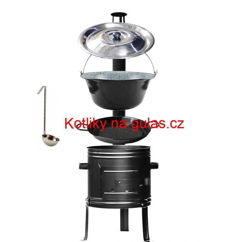 Smaltovaný kotlík 25 L + kovová kotlina + smaltovaná pánev 46 cm Paella