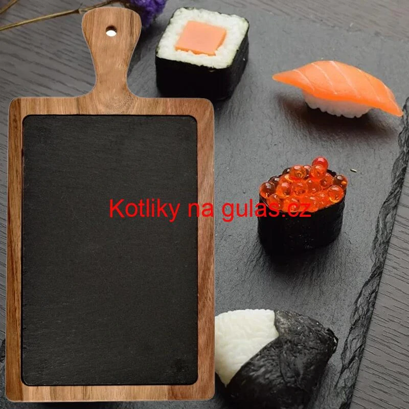 Servírovací podnos s břidlicovou deskou a rukojetí z akáciového dřeva 26 x 18 cm