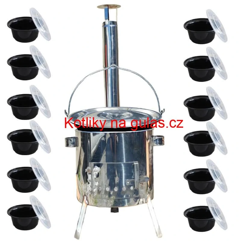 Smaltovaný kotlík 13 L + nerezová kotlina 36 INOX LUSTRO + misky 12 ks