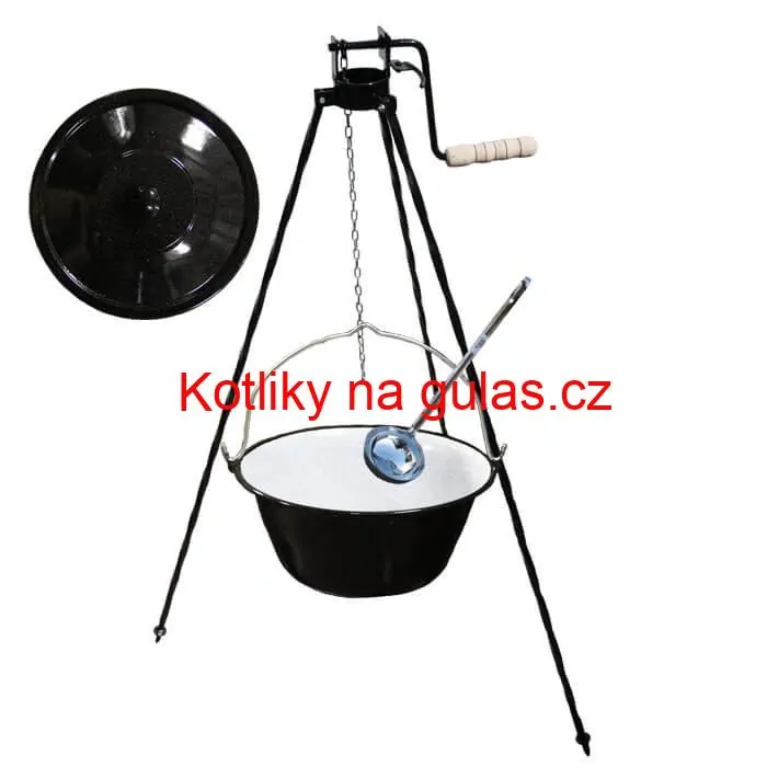 Smaltovaný kotlík 25 L + poklice + stojan s kladkou VAR