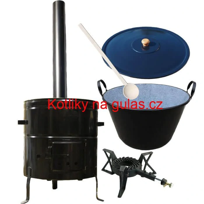 Zabijačkový smaltovaný kotel 60 L + kovová kotlina 53 cm + hořák 7 kW + kouřovod