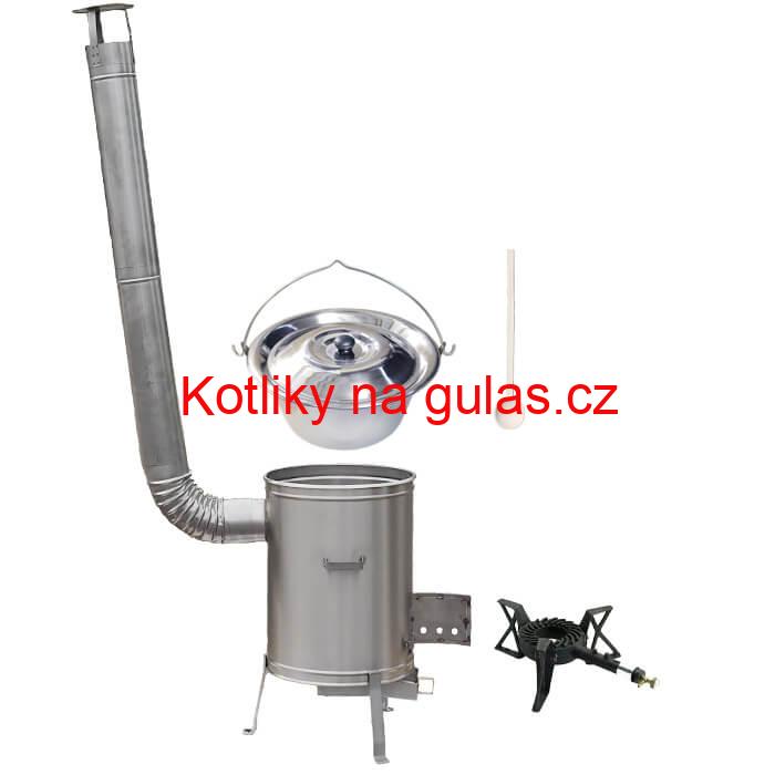 Nerezový kotlík 10 L (1,2 mm) + nerezová kotlina 36 cm + litinový hořák 7 kW, vařečka LUX