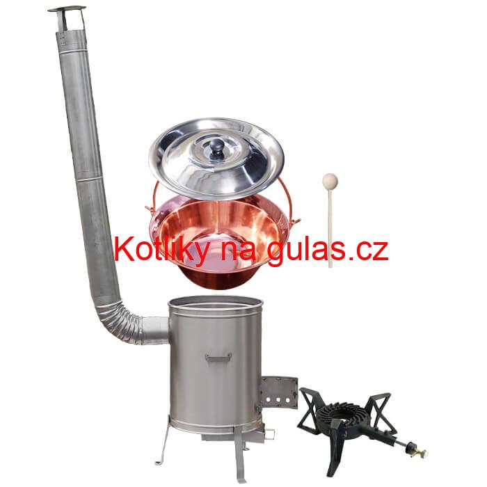 Měděný kotlík 14 L (1,2 mm) + nerezová kotlina 36 cm + litinový hořák 7 kW, vařečka LUX