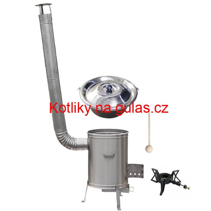 Nerezový kotlík 15 L (1,5 mm) + nerezová kotlina 36 cm + litinový hořák 7 kW, vařečka LUX