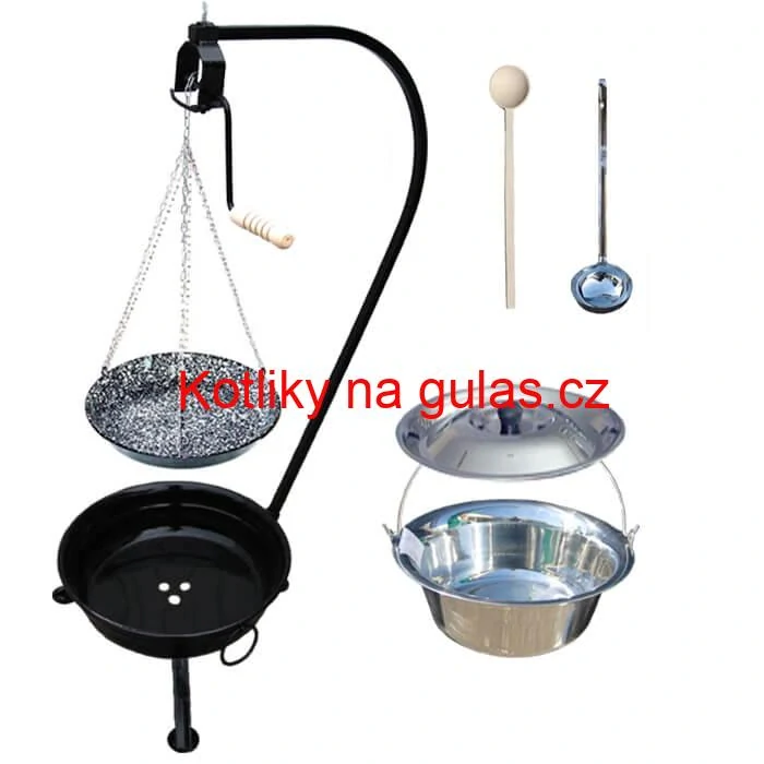Nerezový kotlík 22 L (0,8 mm) INOX + smaltovaná pánev + ohniště se stojanem as pojistnou kladkou VAR