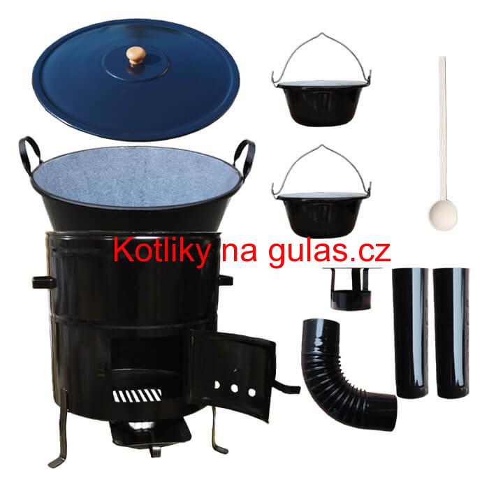 Zabijačkový smaltovaný kotel 80 L + kovová kotlina 58 cm + 2 servírovací kotlíky  a kouřovod