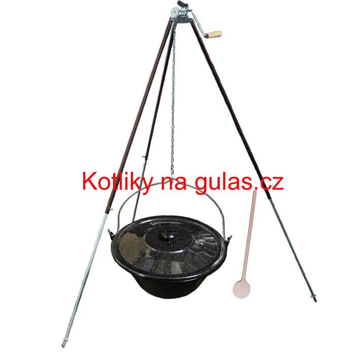 Smaltovaný kotlík 20 L (1,2 mm) + teleskopická trojnožka s pojistnou kladkou + poklice