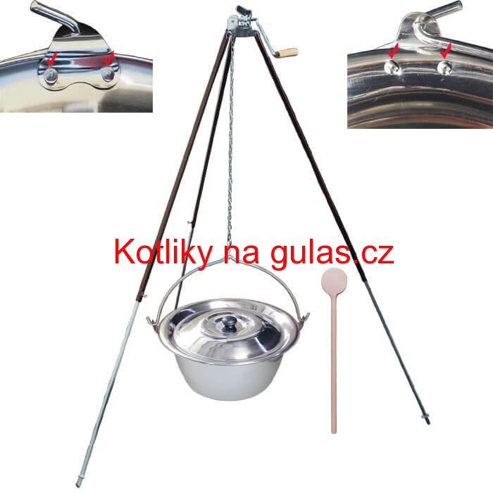 Nerezový kotlík 20 L (0,8 mm) s nýty + teleskopická trojnožka s pojistnou kladkou + poklice