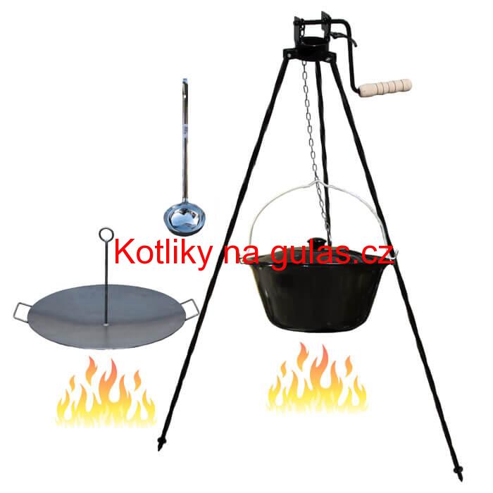 Smaltovaný kotlík 16 L (1,2 mm) + pánev na grilování a stojan s kladkou VAR