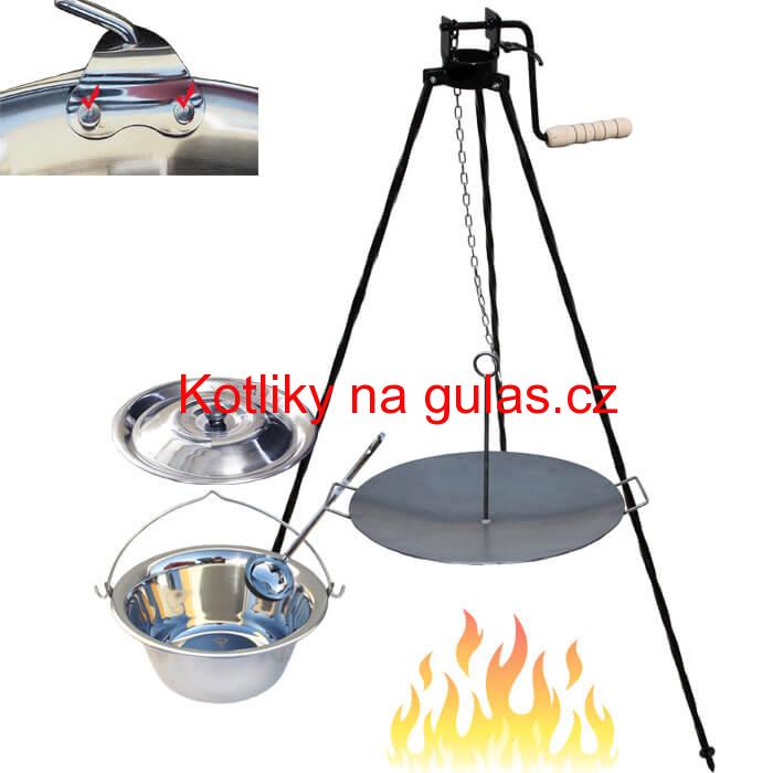 Nerezový kotlík 15 L (0,8 mm) s nýty + pánev na grilování a stojan s kladkou VAR