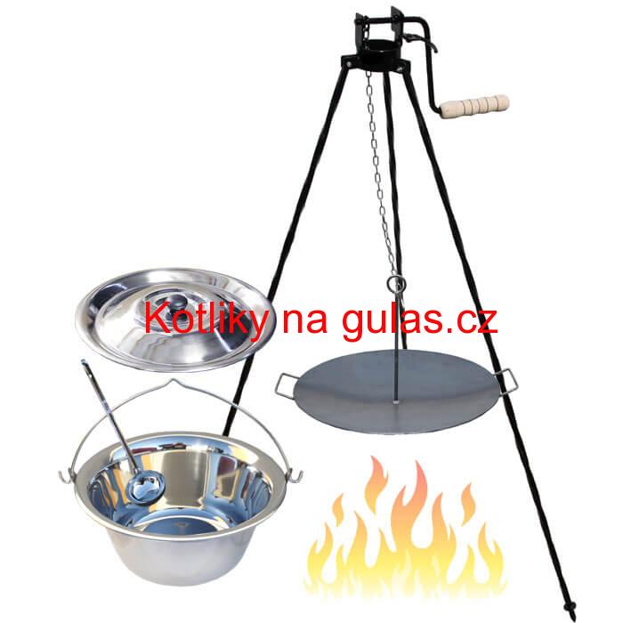 Nerezový kotlík 22 L (0,8 mm) + pánev na grilování a stojan s kladkou VAR
