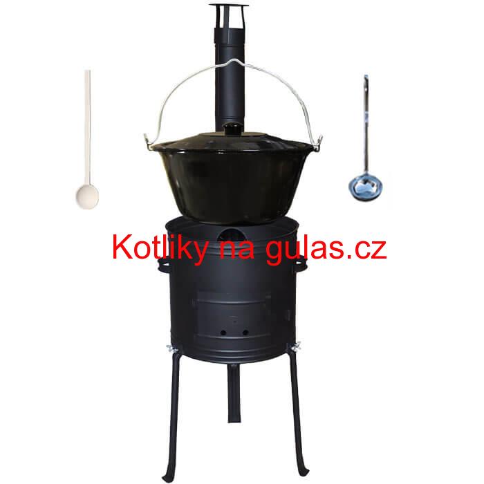 Smaltovaný kotlík 20 L + kovová kotlina s vysokými nožičkami 42 cm, žáruvzdorná barva Plus 700 + vařečka a naběračka