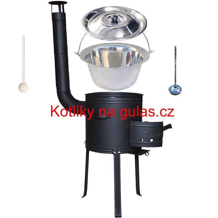 Nerezový kotlík 15 L (1,2 mm) + kovová kotlina s vysokými nožičkami 36 cm, žáruvzdorná barva Plus 700 + vařečka a naběračka