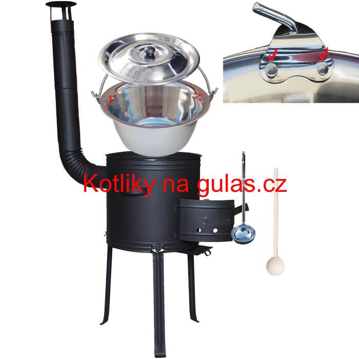 Nerezový kotlík 20 L (0,8 mm) zesílený s nýty + kovová kotlina s vysokými nožičkami 42 cm, žáruvzdorná barva Plus 700 + vařečka a naběračka