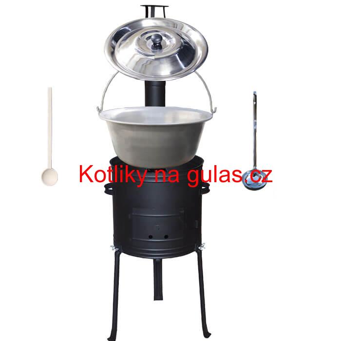 Nerezový kotlík 15 L (1,5 mm) + kovová kotlina s vysokými nožičkami 36 cm, žáruvzdorná barva Plus 700 + vařečka a naběračka