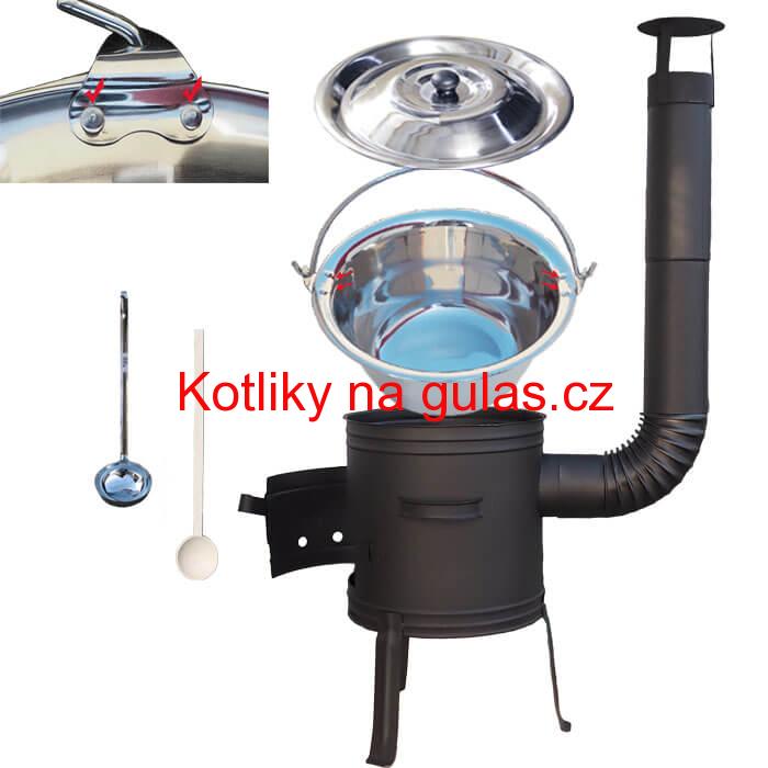 Nerezový kotlík 10 L (0,8 mm) s nýty + nízká žáruvzdorná kotlina 33 cm PLUS 700 + vařečka a naběračka