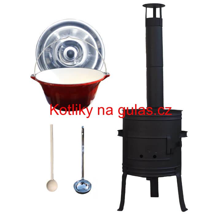 Litinový kotlík 10 L se smaltovanou úpravou + nízká žáruvzdorná kotlina 33 cm PLUS 700 + vařečka a naběračka