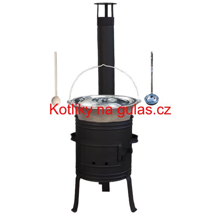 Litinový kotlík 10 L + nízká žáruvzdorná kotlina 33 cm PLUS 700 + vařečka a naběračka