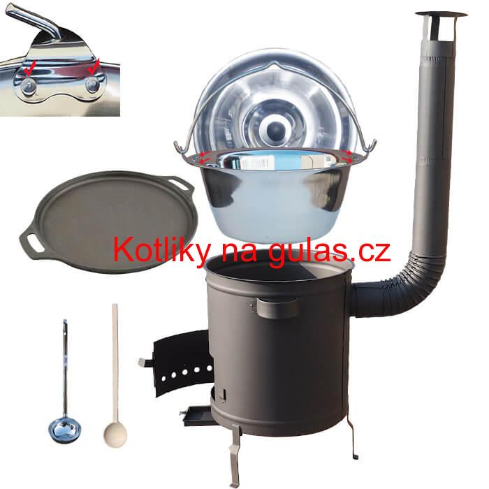 Nerezový kotlík 20 L (0,8 mm) zesílený s nýty + Litinová pánev 43 cm + silnostěnná (1,5 mm) a žáruvzdorná kotlina 42 PLUS 600