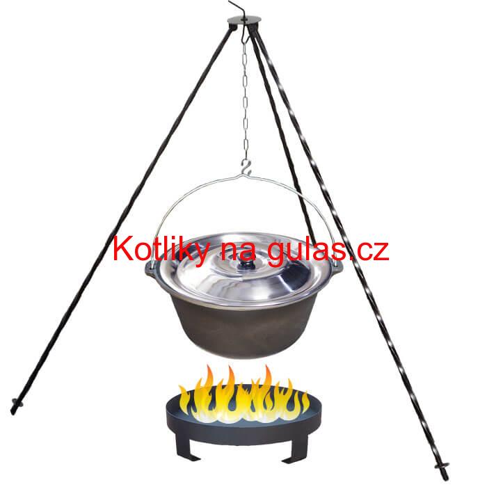 Litinový kotlík 7,2 L + nerezová poklice  + trojnožka 1,2 m + ohniště 36 cm