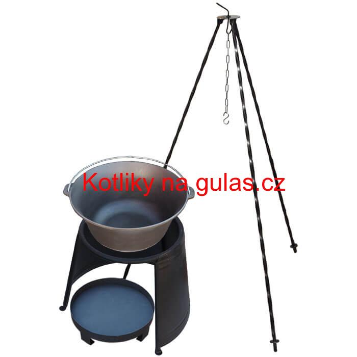 Litinový kotlík 7,2 L + chránič plamene 32 cm + ohniště 36 cm + trojnožka 1,2 m