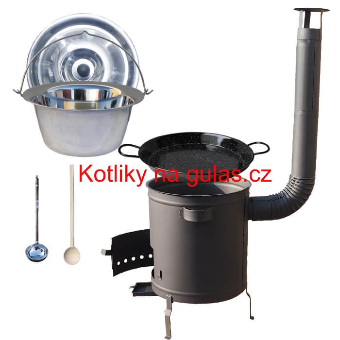 Nerezový kotlík 14 L (0,8 mm) + Paella pánev 38 cm + silnostěnná (1,5 mm) žáruvzdorná kotlina (1,5 mm) 36 PLUS 600