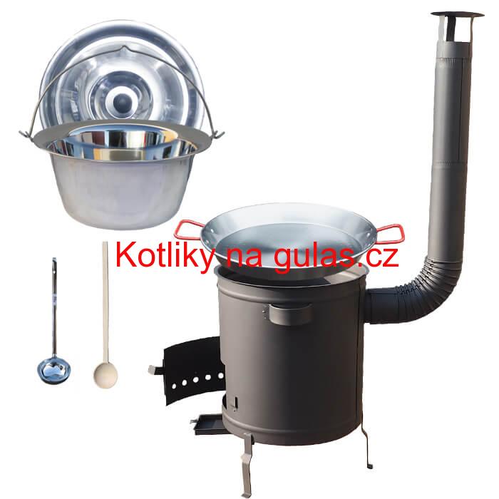 Nerezový kotlík 14 L (0,8 mm) + Paella pánev 38 cm + silnostěnná (1,5 mm) žáruvzdorná kotlina (1,5 mm) 36 PLUS 600