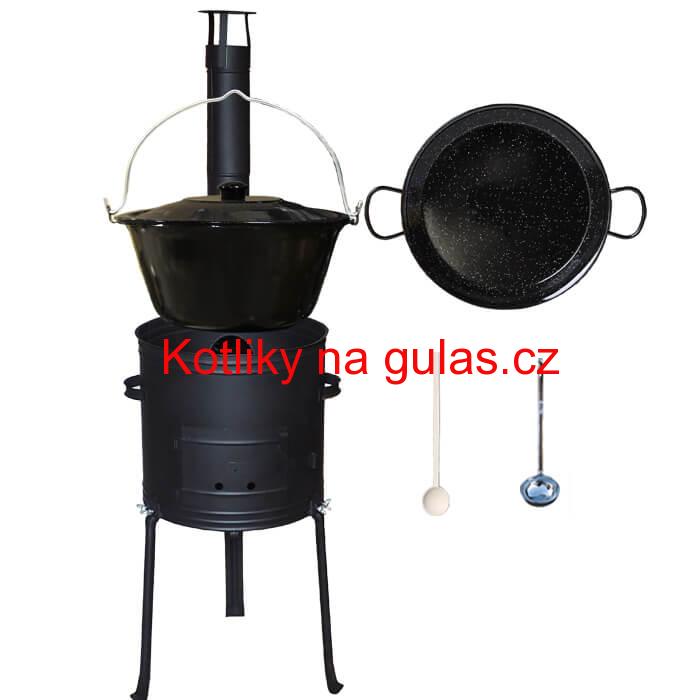 Smaltovaný kotlík 20 L + Paella pánev 46 cm + kovová kotlina s vysokými nožičkami 42 cm, žáruvzdorná barva Plus 700