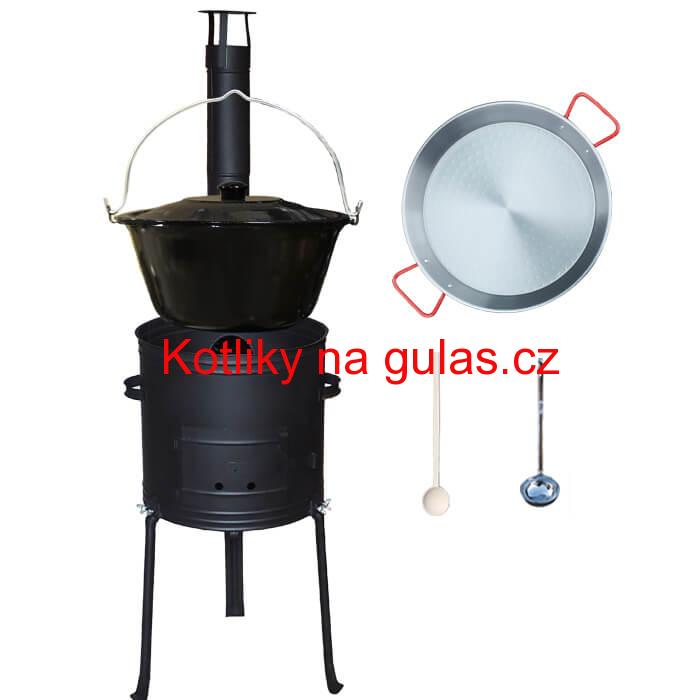 Smaltovaný kotlík 20 L + Paella pánev 46 cm + kovová kotlina s vysokými nožičkami 42 cm, žáruvzdorná barva Plus 700