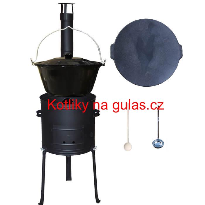 Smaltovaný kotlík 25 L + Litinová pánev 45 cm + kovová kotlina s vysokými nožičkami 42 cm, žáruvzdorná barva Plus 700