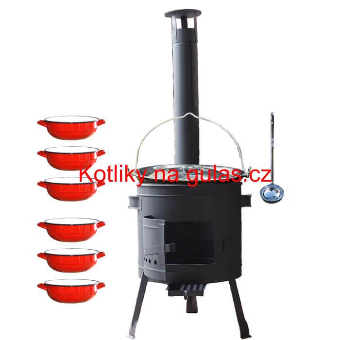 Smaltovaný kotlík 20 L + selské misky 6 ks + nízká žáruvzdorná kotlina 42 cm PLUS 600