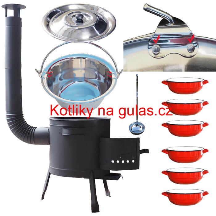 Nerezový kotlík 15 L (0,8 mm) s nýty INOX + selské misky 6 ks + nízká žáruvzdorná kotlina 36 cm PLUS 600