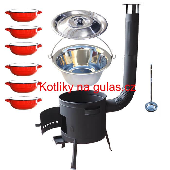 Nerezový kotlík 22 L (0,8 mm) INOX + selské misky 6 ks + nízká žáruvzdorná kotlina 42 cm PLUS 600