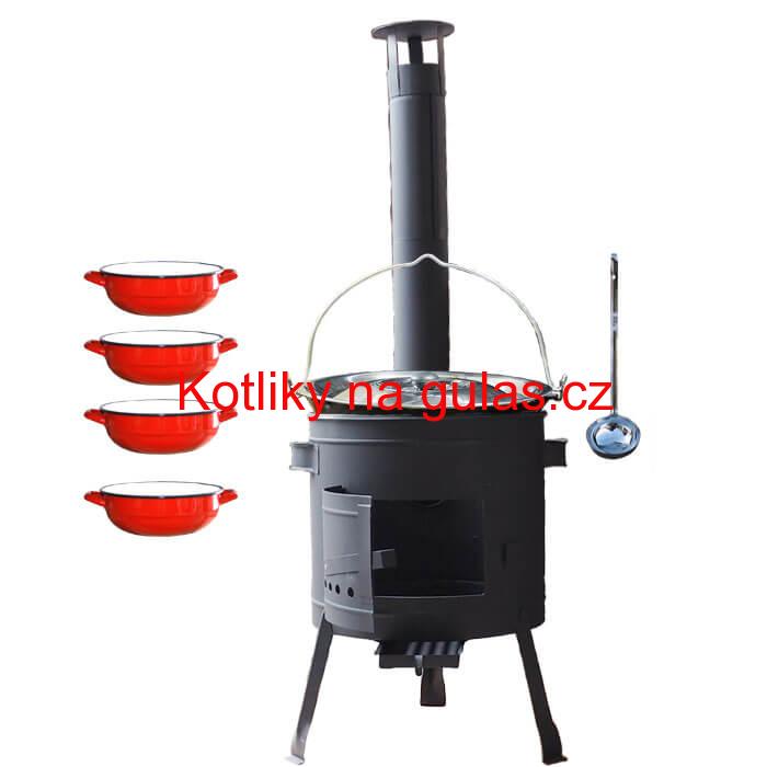 Smaltovaný kotlík 16 L + selské misky 4 ks + nízká žáruvzdorná kotlina 39 cm PLUS 600