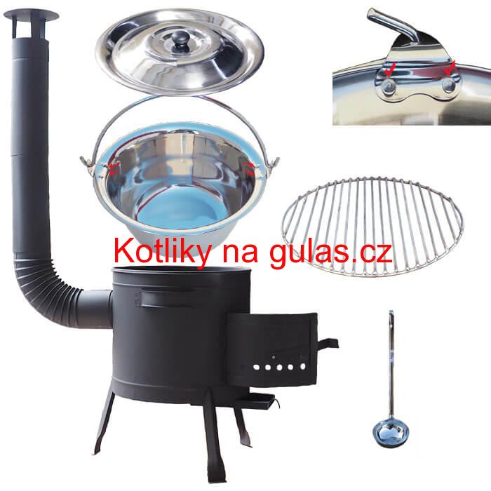 Nerezový kotlík 20 L (0,8 mm) s nýty INOX + Nerezový rošt 45 cm + nízká žáruvzdorná kotlina 42 cm PLUS 600