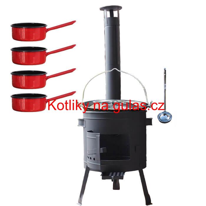 Smaltovaný kotlík 30 L + smaltovaný rendlík 4 ks + nízká žáruvzdorná kotlina 45 cm PLUS 600